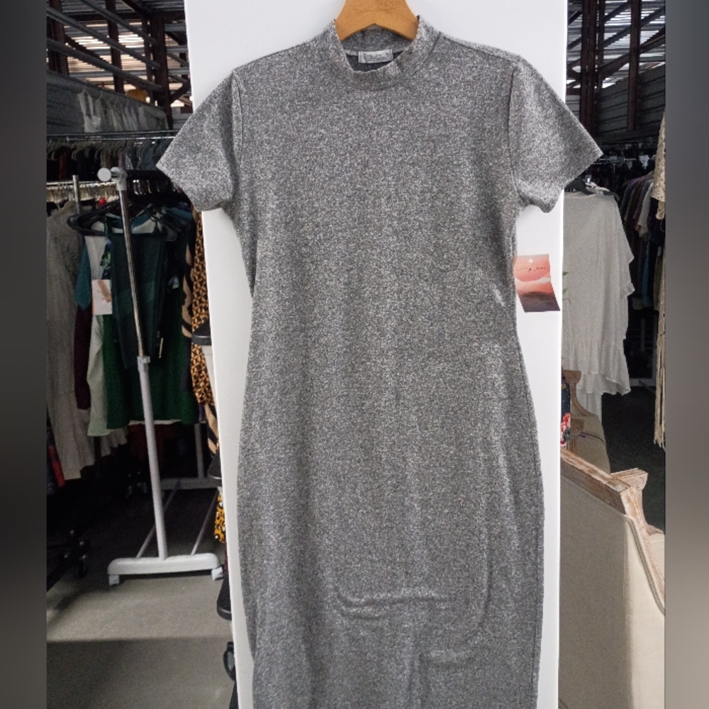Everly Silver Sheath Dress Short Sleeve Mock Neck
